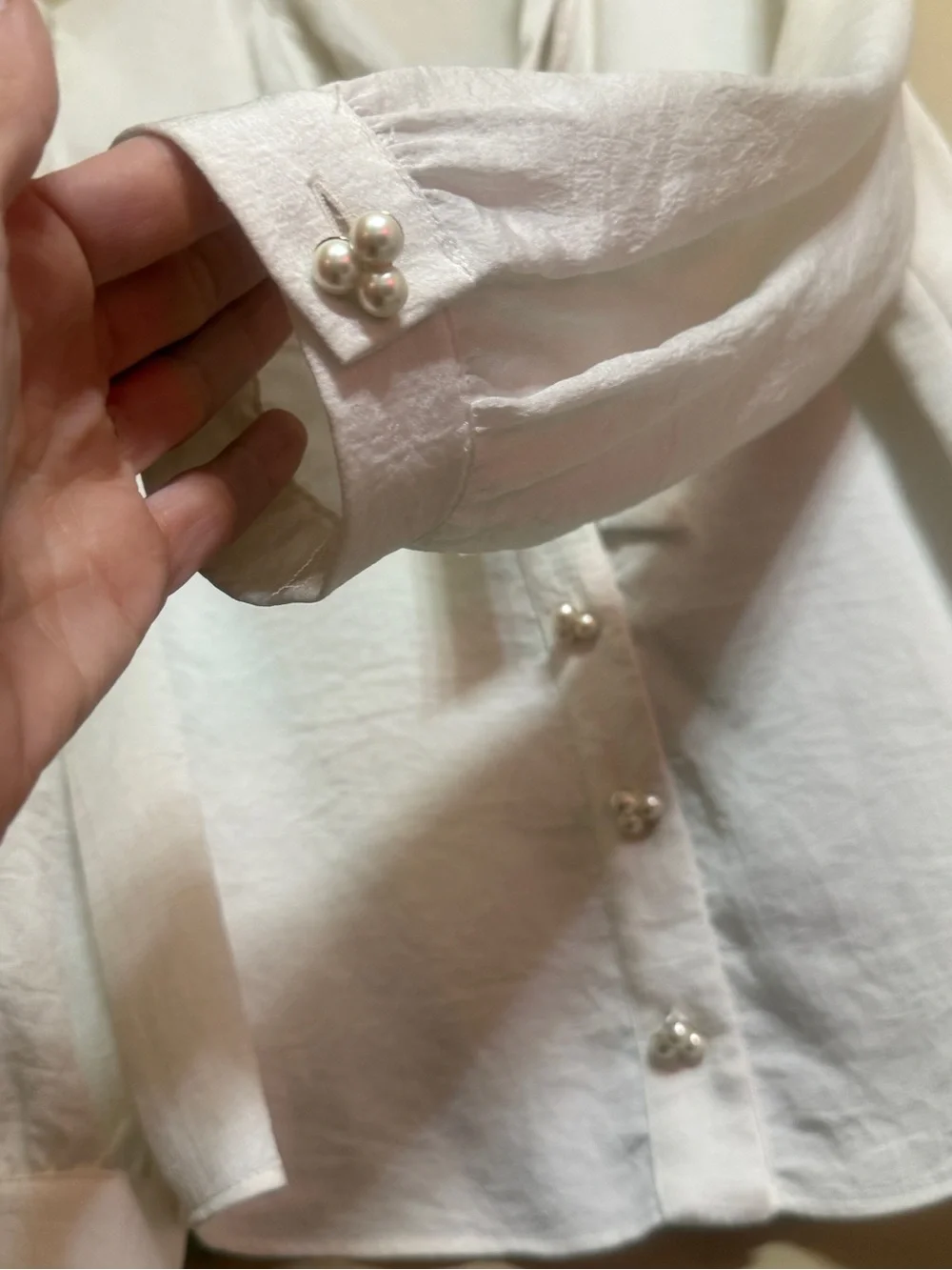 Zara Cream Tie-Neck Blouse with Pearl Buttons